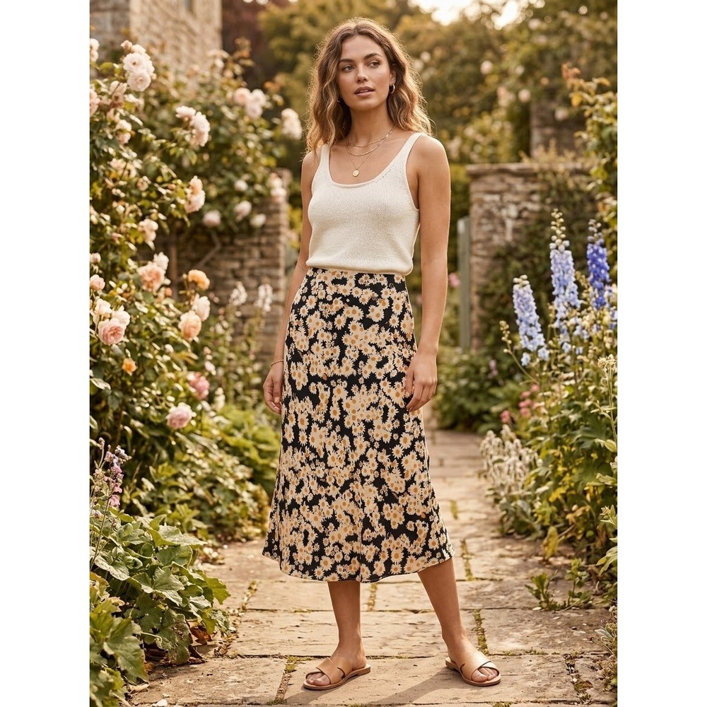 Floral Daisy Realisation Par Black Silk Midi Slip Skirt Size S Small
